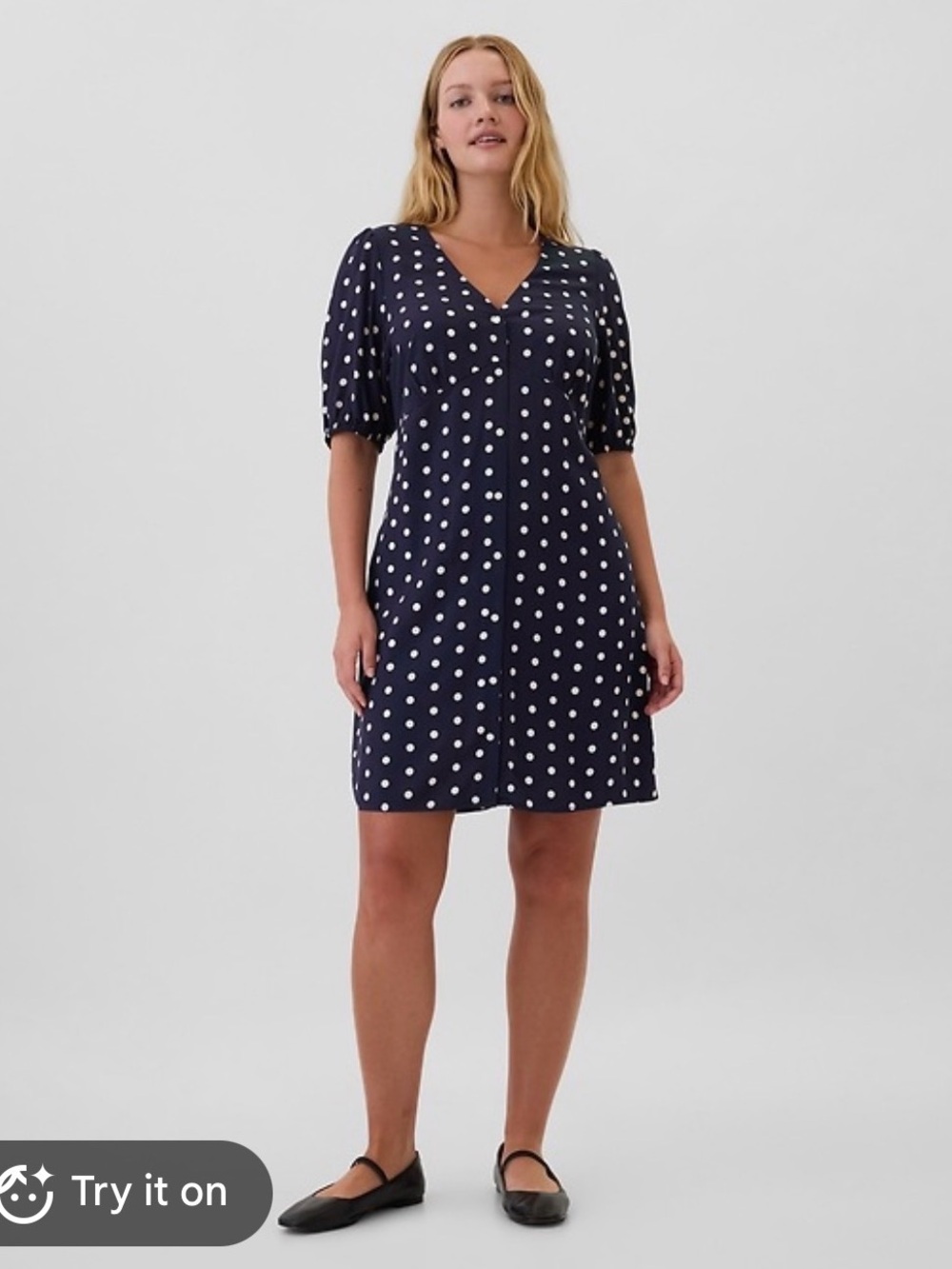 NWT GAP Navy Polka Dot Puff-Sleeve Button-Front Mini Dress - Large
